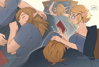 1boy 1girl bare_shoulders bed blonde_hair book breasts chocorut couple glasses hand_on_another's_head heart hetero holding holding_book implied_sex light_blush light_smile link medium_breasts nintendo on_bed open_book patreon_username pillow pointy_ears princess_zelda shirt short_hair simple_background sleeping speech_bubble spoken_zzz the_legend_of_zelda the_legend_of_zelda:_tears_of_the_kingdom thought_bubble under_covers upper_body zzz 