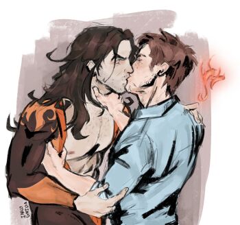  2boys bare_pectorals beard_stubble blue_shirt brown_hair chest_hair closed_eyes collared_shirt commentary dispatch facial_hair fire flambae_(dispatch) forktamer hair_behind_ear hand_on_another&#039;s_neck hand_on_another&#039;s_shoulder kiss long_hair male_focus multiple_boys nipples open_clothes open_shirt parted_hair pectorals robert_robertson shirt short_hair short_sideburns short_sleeves stubble yaoi 