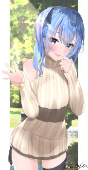  1girl absurdres alternate_costume black_thighhighs blue_eyes blue_hair blue_ribbon blush commentary_request grey_sweater hair_ribbon highres hololive hoshimachi_suisei kaju_paint looking_at_viewer medium_hair one_side_up open_mouth ribbon smile solo star_(symbol) star_in_eye sweater symbol_in_eye thighhighs turtleneck turtleneck_sweater virtual_youtuber 