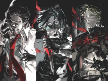  3boys 4istfuerimmer alternate_universe avengers_(series) belt between_fingers black_background black_belt black_bodysuit black_gloves black_hair black_mask blonde_hair blue_eyes bodysuit bucky_barnes captain_america chinese_commentary cigarette closed_mouth coat collared_shirt commentary_request covered_mouth cowboy_shot dagger facial_hair fingerless_gloves gloves grey_belt grey_pants hair_between_eyes hand_on_own_hip hand_up hands_up highres holding holding_cigarette holding_dagger holding_knife holding_weapon knife lab_coat lapels long_hair_between_eyes long_sleeves looking_at_viewer male_focus marvel mask mouth_mask multiple_boys necktie open_clothes open_coat open_mouth pale_skin pants pocket prosthesis prosthetic_arm red_eyes red_necktie shirt short_hair simple_background single_glove smoke standing star_(symbol) steve_rogers sunglasses teeth tony_stark v-shaped_eyebrows weapon white-framed_eyewear white_coat white_shirt wide_sleeves winter_soldier 