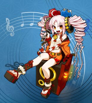  1girl ahoge blue_background commentary_request drill_hair food highres holding holding_microphone long_hair makizushi microphone midriff musical_staff navel open_mouth orange_eyes orange_shorts peru_co pink_hair red_ribbon ribbon sandals setsubun shirt shorts sitting speaker stuffed_toy sushi treble_clef tsuina-chan twin_drills voiceroid white_shirt 