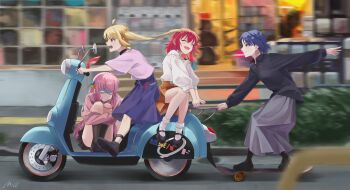  4girls absurdres ahoge black_choker black_pantyhose black_shirt black_shoes black_skirt blonde_hair blue_hair blue_skirt blurry blurry_background blush bocchi_the_rock! chinese_commentary choker closed_eyes closed_mouth collared_shirt commentary_request cube_hair_ornament detached_ahoge floating_hair gloom_(expression) gotoh_hitori grey_skirt hair_ornament highres hugging_own_legs ijichi_nijika jacket kessoku_band kita_ikuyo long_hair long_sleeves mi24789 motion_blur multiple_girls multiple_riders one_side_up open_mouth orange_skirt pantyhose pink_hair pink_jacket pink_shirt pleated_skirt real_world_location red_eyes red_hair shirt shoes short_hair side_ponytail sidelocks skateboard skateboarding skirt smile socks white_shirt white_socks yamada_ryo yellow_eyes  rating:General score:4 user:danbooru