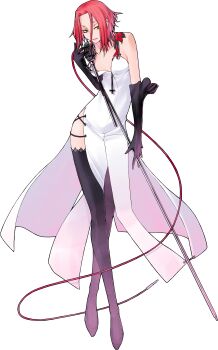  1girl absurdres black_gloves black_thighhighs breasts choker devil_survivor_(series) devil_survivor_1 downblouse dress elbow_gloves flat_chest gloves green_eyes harusawa_yoshino highres holding holding_microphone_stand microphone microphone_stand off_shoulder official_art red_hair short_hair shoulder_tattoo side_slit simple_background solo tattoo thighhighs third-party_source transparent_background wardrobe_malfunction white_dress yasuda_suzuhito 