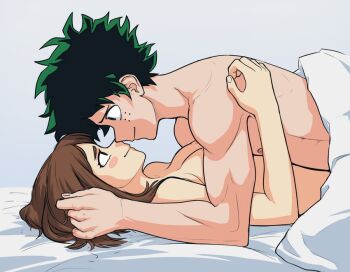  1boy 1girl boku_no_hero_academia breasts brown_eyes brown_hair couple eye_contact green_eyes green_hair hetero implied_sex looking_at_another lying matching_hair/eyes midoriya_izuku nipples nude short_hair sidelocks smile uraraka_ochako  rating:Questionable score:44 user:bob331