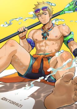  1boy abs armband artist_name asymmetrical_hair barefoot black_shorts blonde_hair brown_eyes clothes_around_waist collarbone drawstring earrings eyewear_on_head feet foot_focus gloves highres holding holding_behind_back holding_polearm holding_weapon holding_weapon_behind_back jacket jacket_around_waist jewelry ktorazi large_pectorals male_swimwear multiple_necklaces muscular muscular_male necklace nipples official_alternate_costume overwatch pectoral_cleavage pectorals pendant polearm shorts sidecut simple_background single_glove sitting sunglasses sweat swimsuit topless_male turtle undercut very_sweaty water weapon wet wristband wuyang_(overwatch) wuyang_(poolside)_(overwatch) 