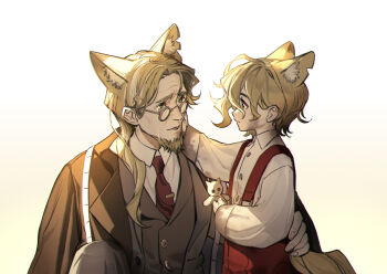  2boys absurdres aged_down arknights child chinese_commentary coat commentary_request cowboy_shot doll facial_hair figurino_(arknights) five-fall glasses goatee green_hair hand_on_another's_back hand_on_own_cheek hand_on_own_face highres holding holding_doll looking_at_another multiple_boys necktie notched_ear official_artist_extra old old_man overalls red_necktie ruler shirt sitting standing tail tape_measure tears third-party_source umberto_de_montano_(arknights) upper_body white_shirt wolf_boy wolf_tail 