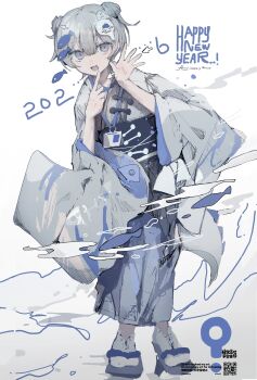  1girl 2026 absurdres aiamu_iamu blunt_bangs card commentary double_bun english_text fish_hair_ornament grey_eyes grey_hair grey_kimono hair_between_eyes hair_bun hair_ornament happy_new_year highres japanese_clothes kimono lanyard new_year open_mouth original platform_sandals sandals short_hair simple_background socks tongue twitter_username white_background white_socks 