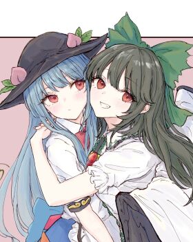  2girls black_hair black_wings blue_hair blue_skirt blush bow cape closed_mouth frills from_side green_bow hat highres hinanawi_tenshi hug kashiwada_kiiho long_hair looking_at_viewer multiple_girls pink_background red_eyes reiuji_utsuho shirt short_sleeves skirt smile teeth third_eye touhou upper_body white_shirt wings  rating:General score:4 user:danbooru