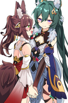 2girls animal_ear_fluff animal_ears aqua_gem back_cutout bare_back bare_shoulders black_dress blue_sleeves blush breasts brown_hair chinese_clothes cleavage_cutout closed_mouth clothing_cutout commentary_request cowboy_shot detached_sleeves dress e.o. eyelashes fingernails fox_ears fox_girl fox_tail from_behind fur_collar gem gold_trim green_eyes green_hair hair_between_eyes hair_ornament hair_stick half-closed_eyes heart_cutout high_ponytail highres holding_hands honkai:_star_rail honkai_(series) juliet_sleeves long_hair long_sleeves looking_at_another low_twintails mandarin_collar medium_breasts multiple_girls open_mouth ponytail puffy_sleeves purple_eyes red_gem simple_background sleeveless sleeveless_dress smile standing tail tassel thigh_strap tingyun_(harmony)_(honkai:_star_rail) tingyun_(honkai:_star_rail) twintails two-tone_dress wavy_hair white_background white_dress white_sleeves wide_sleeves yukong_(honkai:_star_rail) 