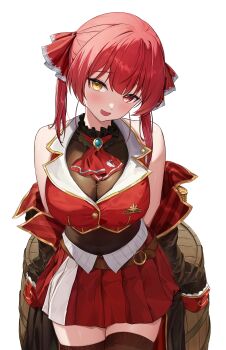  1girl absurdres arrow_through_heart bare_shoulders belt belt_buckle black_choker black_coat blue_gem blush bow bowtie breasts brown_belt brown_thighhighs buckle choker cleavage coat colored_tips commentary_request covered_navel crop_top cropped_vest epaulettes frilled_choker frilled_sleeves frills gem hair_between_eyes heterochromia highres hololive houshou_marine houshou_marine_(1st_costume) jewelry lace lace-trimmed_bow lace-trimmed_thighhighs lace_trim large_breasts legs leotard leotard_under_clothes long_hair long_sleeves looking_at_viewer medium_hair miniskirt multicolored_hair off_shoulder open_mouth partially_unzipped pleated_skirt red_bow red_bowtie red_eyes red_hair red_shirt red_skirt red_vest see-through_cleavage see-through_clothes see-through_leotard shiny_skin shirt skirt sleeves_past_wrists sleeves_rolled_up smile solo thighhighs tokiyanagi twintails vest virtual_youtuber white_background yellow_eyes zettai_ryouiki 