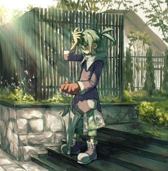  1boy absurdres arm_up blue_hair blue_shoes closed_mouth commentary_request day fence green_pants griffon0416 hair_between_eyes highres holding holding_umbrella light_rays long_sleeves male_focus outdoors pants puyopuyo red_eyes shoes short_hair sig_(puyopuyo) sneakers solo stairs sunbeam sunlight umbrella 