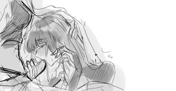  2girls 4711_(xx) blush bra bridal_gauntlets closed_mouth couple fellatio fox_girl from_side futa_with_female futanari genshin_impact hand_on_another's_head japanese_clothes kimono leaning_forward lower_body monochrome multiple_girls off_shoulder oral penis raiden_shogun sex stomach underwear upper_body white_background yae_miko 