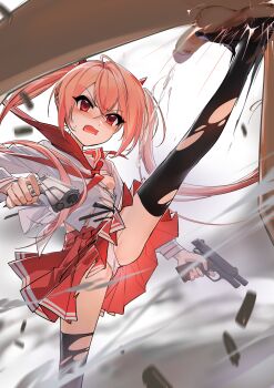  1boy 1girl absurdres ball_busting bdsm black_thighhighs blush breasts cbt commentary_request commission crotch_kick cum dual_wielding ejaculation fake_horns fang finger_on_trigger gun hair_between_eyes handgun head_out_of_frame hidan_no_aria high_kick highres holding holding_gun holding_weapon horns kanzaki_h._aria kicking leg_up long_hair long_sleeves m1911 neckerchief nipples open_mouth panties pantyshot pink_hair pixiv_commission pleated_skirt red_eyes red_sailor_collar red_skirt revolver sailor_collar school_uniform serafuku shell_casing shirt skirt small_breasts solo solo_focus standing standing_on_one_leg straydogshelter testicles thighhighs torn_clothes torn_shirt torn_thighhighs twintails underwear v-shaped_eyebrows very_long_hair weapon white_panties white_shirt 
