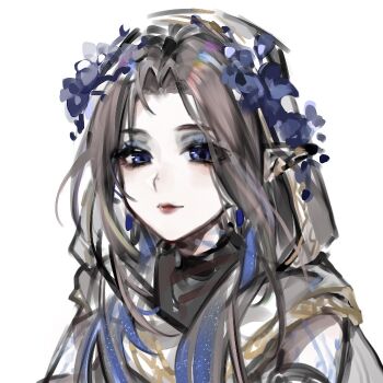  1girl armband black_armband black_shirt blue_eyes blue_eyeshadow blue_flower brown_hair chinese_commentary cloak closed_mouth commentary_request expressionless eyes_visible_through_hair eyeshadow flower hair_flower hair_ornament hood hood_up hooded_cloak infinity_nikki light_blush lipstick long_hair makeup mascara nikki_(series) pendant_earring pointy_ears red_lips seawave02974 shirt shoulder_tattoo simple_background sleeveless sleeveless_shirt solo stylist_(nikki) tattoo thick_eyebrows upper_body white_background white_cloak 