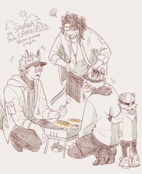  4boys animal_ears boned_meat camping cheka_kingscholar child commentary_request con_potata cooking eating english_text food hands_on_own_hips hyena_boy hyena_ears jack_howl jacket kneeling leona_kingscholar lion_boy lion_ears lion_tail male_focus marshmallow meat monochrome multiple_boys roasted_marshmallow ruggie_bucchi savanaclaw_dorm shirt_tug simple_background squatting tail twisted_wonderland visor_cap wolf_ears wolf_tail 