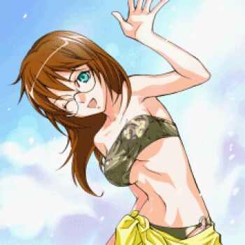  1girl anime_screenshot aqua_eyes armpits bare_shoulders bikini breasts days_of_memories female_focus fio_germi glasses happy ipod_nano_wallpaper long_hair lowres metal_slug navel one_eye_closed open_mouth outdoors sky snk solo strapless strapless_bikini swimsuit underboob wink 