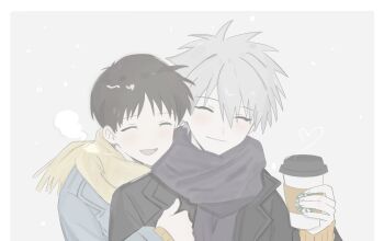  2boys black_hair black_scarf border breath closed_eyes closed_mouth commentary_request couple cup disposable_coffee_cup disposable_cup grey_background grey_hair hair_between_eyes happy heart highres holding holding_cup hug hug_from_behind ikari_shinji jacket male_focus multiple_boys nagisa_kaworu neon_genesis_evangelion oio_127 scarf short_hair simple_background smile white_border winter_clothes yaoi yellow_scarf 