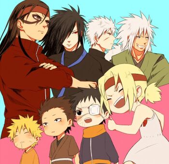  1girl 6+boys black_eyes black_hair blonde_hair brown_eyes brown_hair dress eyepatch forehead grandfather_and_granddaughter hair_over_one_eye headband jiraiya_(naruto) long_hair multiple_boys naruto_(series) naruto_shippuuden red_eyes sarutobi_hiruzen senju_hashirama senju_tobirama sharingan short_hair simple_background spiked_hair teacher_and_student tsunade_(naruto) uchiha_madara uchiha_obito upper_body uzumaki_naruto white_hair  rating:Sensitive score:11 user:IAmSasuke1