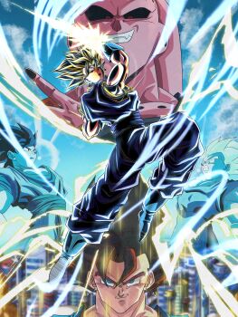  4boys absurdres arm_blade black_hair black_sclera blonde_hair blue_pants blue_sash blue_shirt boots colored_sclera commentary_request dougi dragon_ball dragonball_z energy_sword full_body gloves green_eyes highres majin_buu male_focus medium_hair multiple_boys muscular muscular_male orange_shirt pants sai_t_d sash shirt solo_focus son_goku spiked_hair super_buu super_saiyan super_saiyan_1 sword vegeta vegetto weapon white_boots white_gloves  rating:General score:1 user:danbooru