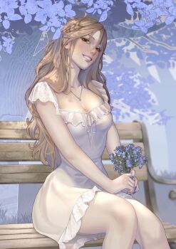  1girl bare_arms bench blue_flower blue_nails braid breasts brown_eyes brown_hair cowboy_shot dress elidyah eyelashes flower highres holding holding_flower jewelry lace_trim long_hair looking_at_viewer medium_breasts narrow_waist necklace on_bench pink_lips short_dress single_braid sitting smile teeth white_dress 