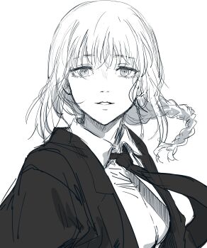  1girl absurdres album_cover_redraw braid braided_ponytail breasts chainsaw_man collared_shirt commentary derivative_work dress_shirt english_commentary floating_hair hews highres jacket long_hair looking_at_viewer makima_(chainsaw_man) medium_breasts monochrome necktie nostrils parted_lips ringed_eyes shirt simple_background sketch solo sweetest_music takeuchi_mariya unfinished upper_body 