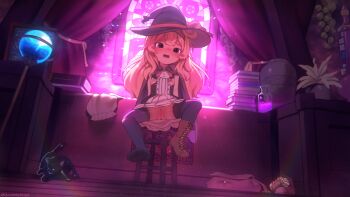  1girl absurdres black_cat black_thighhighs blonde_hair blush boots brown_boots cape cat cleft_of_venus commentary dress english_commentary flat_chest full_body hat highres indoors little_witch_nobeta loli long_hair looking_at_viewer najucaju_naju nipples no_panties nobeta open_mouth paid_reward_available purple_hat pussy red_eyes single_boot sitting solo thighhighs torn_clothes torn_dress uncensored witch_hat  rating:Explicit score:203 user:danbooru