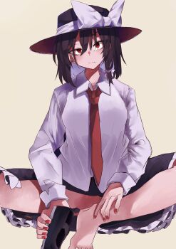 1girl absurdres alternate_eye_color barefoot black_hat black_skirt blush bow breasts brown_hair closed_mouth collared_shirt frilled_skirt frills grey_background hair_bow hat hat_bow highres holding holding_shoes holding_unworn_clothes large_bow long_sleeves looking_at_viewer misleading_thumbnail muraryo necktie red_eyes red_nails shirt shoes simple_background sitting skirt sleeve_cuffs solo touhou unworn_shoes usami_renko white_bow white_shirt 