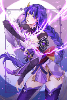  1girl arm_up armor back_bow blunt_bangs blurry bow braid breasts bridal_gauntlets cleavage clothing_cutout depth_of_field drawing_sword electricity electro_symbol_(genshin_impact) genshin_impact glowing glowing_sword glowing_weapon hair_ornament haruempathy head_tilt highres holding holding_sword holding_weapon human_scabbard japanese_clothes katana kimono light_blush lingerie long_braid looking_at_viewer looking_to_the_side mitsudomoe_(shape) mixed-language_commentary mole mole_under_eye multicolored_hair musou_isshin_(genshin_impact) off_shoulder open_mouth purple_background purple_eyes purple_hair purple_kimono purple_thighhighs raiden_shogun red_sash sash shoulder_armor shoulder_cutout single_braid solo standing streaked_hair sword sword_between_breasts thighhighs tomoe_(symbol) underwear upper_body weapon 