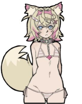  1girl :< animal_ears arms_behind_back bandaid bandaid_hair_ornament bikini black_collar blonde_hair blue_eyes cameltoe chain collar commentary dog_ears dog_girl dog_tail flat_chest hair_ornament hairband highres hololive hololive_english lowleg lowleg_bikini mococo_abyssgard multicolored_hair outline pantsu-ripper pear-shaped_figure pink_bikini pink_hair pink_hairband raised_eyebrows side-tie_bikini_bottom solo spiked_collar spikes striped_bikini striped_clothes swimsuit symbol-only_commentary tail two-tone_hair virtual_youtuber x_hair_ornament 