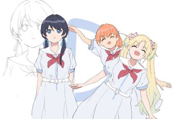  3girls ^_^ aqua_hair arm_up blonde_hair blue_dress blue_eyes blue_hair blue_ribbon closed_eyes crossed_bangs dark_blue_hair dress fang flower gradient_hair hair_flower hair_ornament hair_ribbon hasu_no_sora_school_uniform highres hinoshita_kaho letter_pose link!_like!_love_live! long_hair love_live! low_twintails medium_hair mole mole_on_neck multicolored_hair multiple_girls muneta_(ntani_2) murano_sayaka neckerchief open_mouth orange_hair osawa_rurino outstretched_arms parted_bangs parted_lips pink_flower pleated_dress puffy_short_sleeves puffy_sleeves rabbit_hair_ornament red_neckerchief ribbon sailor_collar sailor_dress school_uniform short_sleeves simple_background skin_fang smile split_mouth standing summer_uniform twintails two_side_up virtual_youtuber white_background white_flower white_sailor_collar zoom_layer 