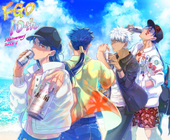  2025 4boys absurdres anniversary archer_(fate) archer_(summer_casual)_(fate) baseball_cap beach black_hat black_jacket black_pants blue_hair blue_shorts blue_sky can chest_tattoo cloud commentary_request copyright_name cu_chulainn_(aloha_shirt)_(fate) cu_chulainn_(caster)_(fate) cu_chulainn_(fate) cu_chulainn_(lancer)_(fate) cu_chulainn_(tropical_rune_summer)_(fate) cu_chulainn_alter_(fate) cu_chulainn_alter_(under_the_same_sky)_(fate) drinking earrings facial_tattoo facing_away fate/grand_order fate_(series) getueika grey_eyes hair_tubes hand_in_pocket hat hawaiian_shirt highres holding holding_can jacket jewelry long_hair looking_at_another looking_at_viewer loose_hair_strand male_focus messy_hair multiple_boys ocean open_clothes open_shirt outdoors pants ponytail profile red_eyes red_shorts shirt shorts single_hair_tube sky spiked_tail summer tail tan tattoo walking white_hair white_jacket white_shirt 