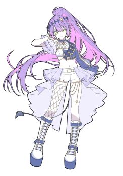  1girl boots commentary_request demon_tail garter_straps green_eyes highres hololive jewelry lace-up_boots long_hair midriff minkof_nn navel piercing ponytail purple_hair ring shorts single_garter_strap single_sleeve single_thighhigh smile tail tail_ornament tail_piercing thighhighs tokoyami_towa tokoyami_towa_(break_your_xxx) virtual_youtuber white_shorts 