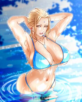  1girl absurdres armpits arms_up bikini blonde_hair blue_background blue_bikini breasts brown_hair character_name commentary_request hair_pulled_back hands_in_own_hair highres jewelry naruto_(classic) naruto_(series) navel necklace partially_submerged red_lips ripples saburo_des solo swimsuit tsunade_(naruto) twitter_username underboob wet 