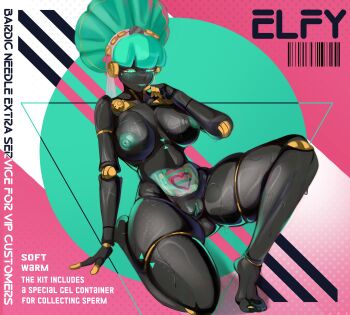  1girl absurdres android artificial_vagina barefoot black_skin blush breasts colored_sclera colored_skin elfy_(zenless_zone_zero) glowing_nipples googly_eyes green_eyes highres humanoid_robot joints large_breasts legs mechanical_arms mechanical_legs metal_hair metal_skin nipples onemoreray pussy robot robot_girl robot_joints sex_toy solo sweat thick_thighs thighs uncensored zenless_zone_zero 