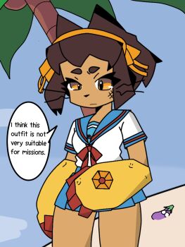  adapted_costume animal_ears beach blue_background blue_sailor_collar blue_skirt bob_cut breasts brown_hair cat_ears cat_girl cloud commentary cosplay cowboy_shot eggplant english_commentary english_text gameoverse gauntlets hairband highres kit_(gameoverse) medium_hair orange_eyes orange_hairband palm_tree red_ribbon ribbon sailor_collar school_uniform serafuku shirt short_sleeves simple_background skirt solo speech_bubble suzumiya_haruhi suzumiya_haruhi_(cosplay) suzumiya_haruhi_no_yuuutsu tree whiskers white_shirt yellow_gauntlets yuiyu_ki 