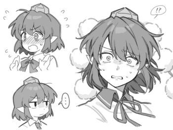  !? ... annoyed blush collared_shirt commentary_request embarrassed flustered greyscale hat monochrome multiple_expressions multiple_views o_o pointy_ears pom_pom_(clothes) sakic43899 shameimaru_aya shirt simple_background spoken_ellipsis spoken_interrobang tokin_hat touhou white_background worried 