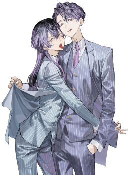  2boys :p absurdres androgynous aqua_pants aqua_suit black_hair brothers business_suit chamuring collared_shirt commentary earrings formal_clothes girly_boy grey_jacket grey_pants grey_suit haitani_ran haitani_rindou hand_in_pocket highres hug jacket jewelry long_sleeves male_focus medium_hair multicolored_hair multiple_boys neck_tattoo necktie pants pinstripe_pants pinstripe_pattern pinstripe_suit purple_eyes purple_necktie shirt short_hair siblings simple_background smile streaked_hair striped_clothes striped_jacket striped_pants suit tattoo tokyo_revengers tongue tongue_out two-tone_hair untranslatable_commentary vertical-striped_clothes vertical-striped_jacket vertical-striped_pants white_background white_shirt wolf_cut 