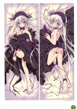  11eyes 1girl absurdres barefoot black_dress blush bottomless double_dakimakura_(medium) dress frills gothic_lolita gradient_eyes headgear highres lisette_vertorre lolita_fashion multicolored_eyes multiple_views naked_dress neck_ribbon nipples non-web_source official_art ribbon scan seductive_smile smile 