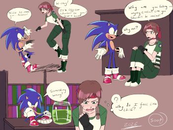  1boy 1girl animal_nose blue_fur blue_hair bookshelf boots brown_hair commentary english_commentary english_text fingerless_gloves furry furry_male gloves green_eyes green_shirt headband hedgehog hiding highres looking_at_another open_mouth rebecca_chambers red_headband resident_evil resident_evil_0 shirt shoes short_hair sitting sneakers sonic_(series) sonic_the_hedgehog speech_bubble superguy551 tail white_gloves 