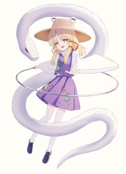  16sanrach 1girl absurdres animal_print blonde_hair brown_hat chakram chinese_commentary commentary frog_print full_body hair_ribbon hat highres long_hair long_sleeves looking_at_viewer mishaguji moriya's_iron_rings moriya_suwako open_mouth pleated_skirt purple_skirt purple_vest red_ribbon ribbon skirt skirt_set smile snake solo thighhighs touhou tress_ribbon vest weapon white_snake white_thighhighs wide_sleeves yellow_eyes 