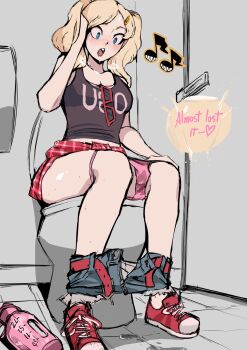  bathroom belt biku black_tank_top blonde_hair blue_eyes blush bottle clothes_pull denim denim_shorts english_text highres looking_at_self musical_note open_mouth panties panties_around_leg pants pants_pull peeing persona persona_5 pink_panties plaid_clothes plaid_skirt red_belt shoes shorts sitting skirt sneakers sunglasses sunglasses_removed sweat takamaki_ann tank_top toilet toilet_use twintails underwear unzipped voyeur_pov water_bottle wide-eyed  rating:Questionable score:56 user:Bkgi39