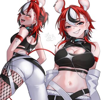  1girl absurdres animal_ear_fluff animal_ear_piercing animal_ears armband artist_name ass asymmetrical_clothes black_shirt black_streaks blue_eyes blush breasts cleavage cleavage_cutout clothing_cutout commentary crop_top detached_sleeves double-parted_bangs earrings english_commentary fade_(haircut) fishnet_pantyhose fishnets glowing glowing_eyes hakos_baelz hakos_baelz_(6th_costume) highres hololive hololive_english jewelry large_breasts looking_at_viewer midriff mouse_ears mouse_tail multicolored_hair navel panties pantyhose red_eyes red_hair sharp_teeth shirt short_hair single_pantsleg slit_pupils smile soup_(soupysoull) standing streaked_hair tail teeth thighs tongue tongue_out underwear virtual_youtuber white_background white_hair white_panties 