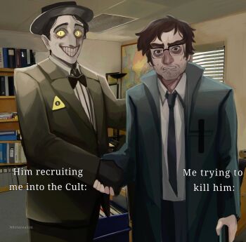  2boys bags_under_eyes beard_stubble bill_cipher black_gloves black_necktie bow bowtie brown_hair clenched_teeth coat colored_sclera commentary cowboy_shot english_commentary english_text extra_digits facial_hair ford_pines gloves gravity_falls grey_coat gun handgun highres holding holding_gun holding_hands holding_weapon looking_at_viewer male_focus meme multiple_boys n0cturnalcm necktie parody photo_background sideburns slit_pupils standing striped_clothes striped_vest stubble sweatdrop teeth vest weapon yellow_sclera young_michael_scott_shaking_ed_truck's_hand_(meme) 