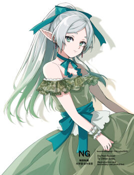  1girl aqua_eyes aqua_ribbon artist_name bare_shoulders belt_ribbon breasts closed_mouth commentary_request cowboy_shot dress earrings elf frieren green_dress grey_hair hair_ribbon jewelry kizuka2020 long_dress long_hair looking_at_viewer neck_ribbon off-shoulder_dress off_shoulder parted_bangs pointy_ears ponytail ribbon small_breasts solo sousou_no_frieren white_background wrist_ribbon 