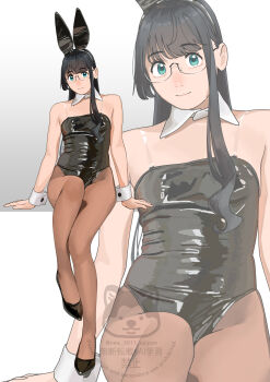  1girl absurdres animal_ear_hairband animal_ears aqua_eyes black_hair black_leotard black_shoes brown_pantyhose cowboy_shot detached_collar fake_animal_ears full_body glasses hairband highres kantai_collection leotard long_hair looking_at_viewer multiple_views ojipon ooyodo_(kancolle) pantyhose playboy_bunny rabbit_ears see-through_strap shoes sitting strapless strapless_leotard wrist_cuffs 
