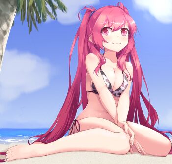  1girl :3 animal_print bare_shoulders barefoot beach bemani between_legs bikini blue_scrunchie breasts cleavage cloud commentary_request cow_print hair_between_eyes halterneck hand_between_legs highres kuro_(be_ok) long_hair medium_breasts navel ocean palm_tree pink_eyes pink_hair pink_scrunchie rasis rasis_(innocent) scrunchie side-tie_bikini_bottom sitting sky smile sound_voltex sound_voltex_ii_infinite_infection swimsuit toes tree twintails v_arms very_long_hair wariza water  rating:Sensitive score:16 user:danbooru