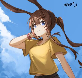  1girl amiya_(arknights) animal_ears arknights blue_eyes blue_sky brown_hair closed_mouth commentary hair_between_eyes hand_on_own_ear highres light_blush light_smile long_hair long_sidelocks looking_at_viewer omuretu_(butterroru) ponytail shirt short_sleeves sidelocks sky solo t-shirt upper_body wind yellow_shirt 