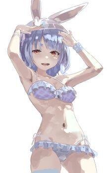  1girl animal_ears armpits bikini breasts commentary english_commentary hairband half-closed_eye highres hololive lazyramen looking_at_viewer medium_breasts mismatched_bikini navel open_mouth purple_bikini purple_hair rabbit_ears rabbit_girl red_eyes solo stomach swimsuit thick_eyebrows usada_pekora virtual_youtuber white_bikini white_hairband wristband 