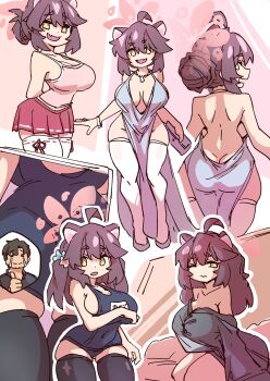  1boy 1girl ahoge alternate_hairstyle animal_ears arms_behind_back bare_shoulders black_hair black_thighhighs blue_archive blue_dress blue_one-piece_swimsuit blush breasts collarbone covered_erect_nipples crying dot_nose dress evening_gown fang from_behind grey_shirt hair_bun hair_down halo happy_tears highres kaede_(blue_archive) large_breasts long_dress mabufuyo multiple_views naked_shirt name_tag old_school_swimsuit one-piece_swimsuit open_mouth oppai_loli oversized_clothes oversized_shirt pink_halo pink_shirt pink_skirt school_swimsuit sensei_(blue_archive) shirt skin_fang skindentation skirt smile swimsuit tank_top tears thick_eyebrows thighhighs thighs thumbs_up uohhhhhhhhh!_(meme) white_thighhighs yellow_eyes zettai_ryouiki 