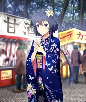  2girls 3boys animal_print blue_eyes blue_hair blue_kimono blurry blurry_background blush butterfly_print cowboy_shot cup day disposable_cup floral_print floral_print_kimono flower food_stand forest furisode game_cg hair_flower hair_ornament hair_ribbon holding holding_cup japanese_clothes kimono long_hair looking_at_viewer low_ponytail mole mole_under_eye multiple_boys multiple_girls nature obi official_art outdoors pink_ribbon ponytail print_kimono ribbon sash setouchi_chie solo_focus stone_walkway striped_ribbon third-party_source toji_no_miko toji_no_miko:_kizamishi_issen_no_tomoshibi translation_request tree very_long_hair white_flower wide_sleeves yellow_sash 